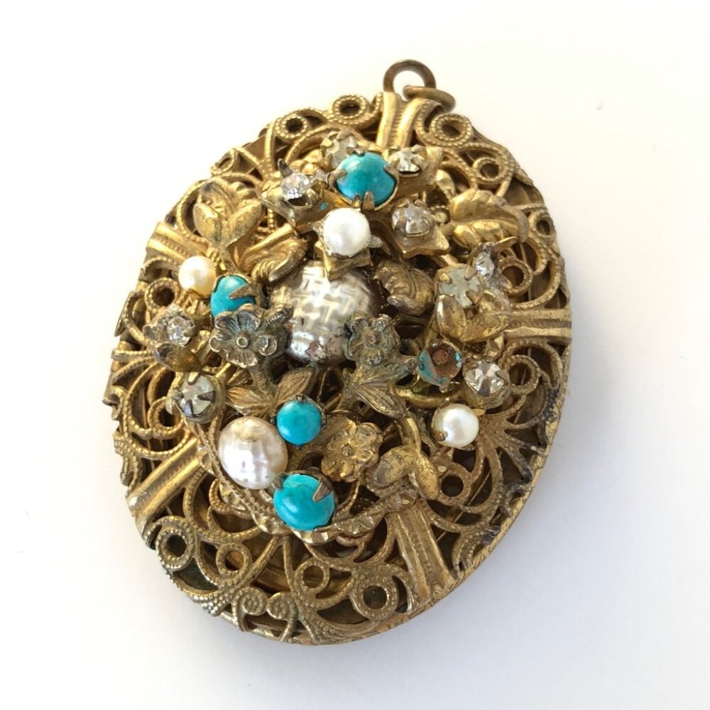 Lovely Pearl and Turquoise Locket with Chain signed Miriam Haskell